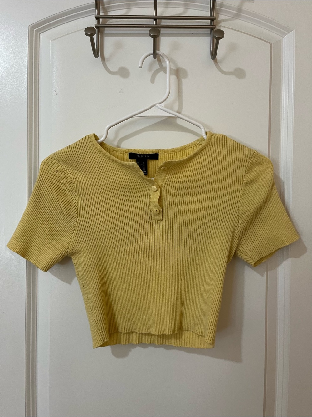 Forever 21 Lemon Yellow Ribbed Henley Crop Top